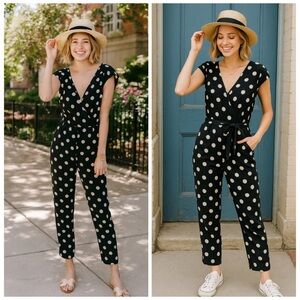 COREY LYNN CALTER Black White Polka Dot Wrap Jumpsuit XS